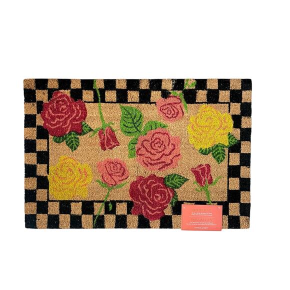 Pop of Color Floral Coir Doormat 24x36 Checkered Border Non Slip NEW - Picture 1 of 11